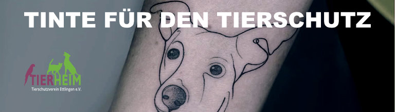 Zu sehen ist die Aktion Tinte für den Tierschutz. Hierbei sieht man einen Unterarm, auf dem das Gesicht eines Hundes tättoowiert ist.
